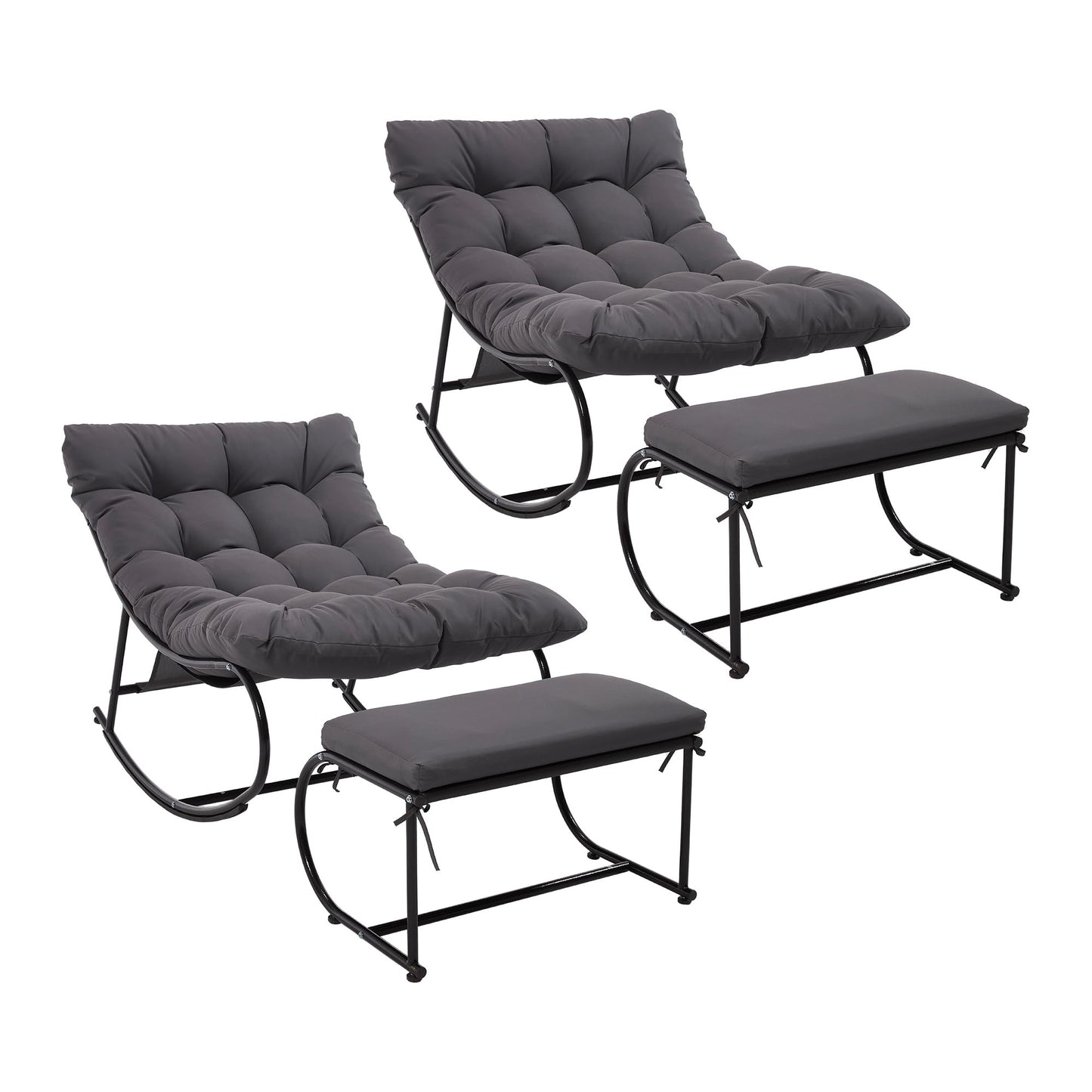 DAYARUS Upholstered Outdoor Rocking Chairs, Modern Patio Rocking Chair Set of 2 with Foot Rest, Study Metal Papasan Rocking Chair, Cozy Rockings Recliner Chair for Bedroom/Living Room/Lawn, Gray