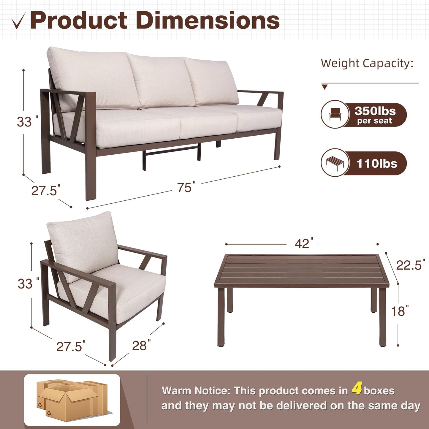 COMLAX FIELD Outdoor Patio Furniture Set, 4 Pieces Metal Patio Furniture Set with Coffee Table, Modern Outdoor Patio Conversation Seating Set, Beige