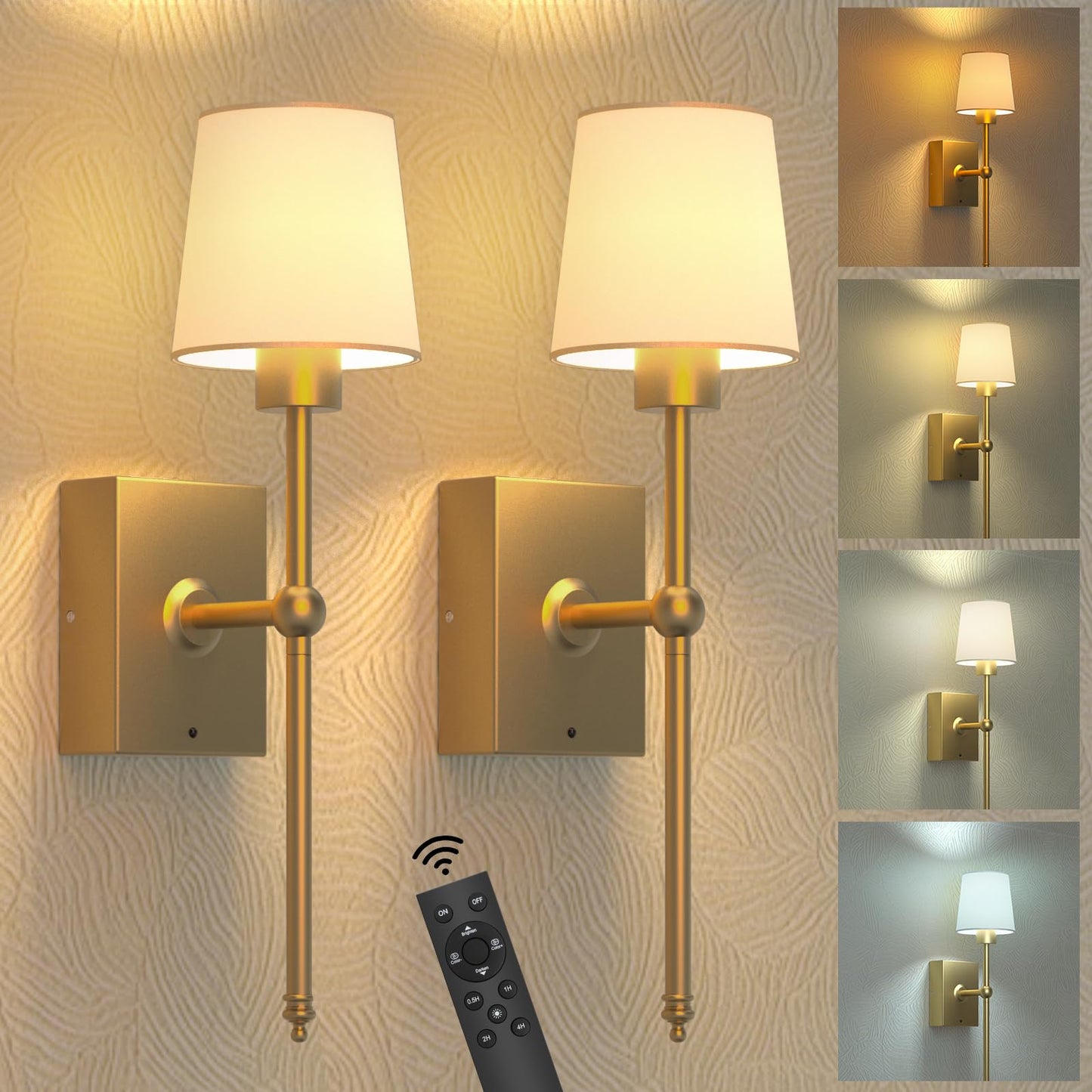 Battery-Operated Wall Sconces Set of 2: 6000mAh Rechargeable Wall Lights with Remote Control, Wireless Battery Powered Wall Lamp Wall Scone for Living Room Bedroom Hallway Bathroom (Gold)