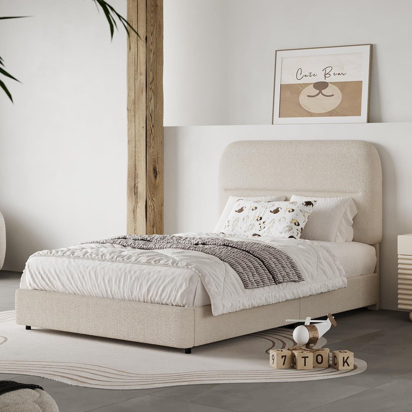 HOMBCK Twin Size Boucle Upholstered Bed Frame with Headboard, Twin Bed Frame for Kids, Soft Rounded Corners, Wooden Slats, No Box Spring Required, Easy Assembly, Cream