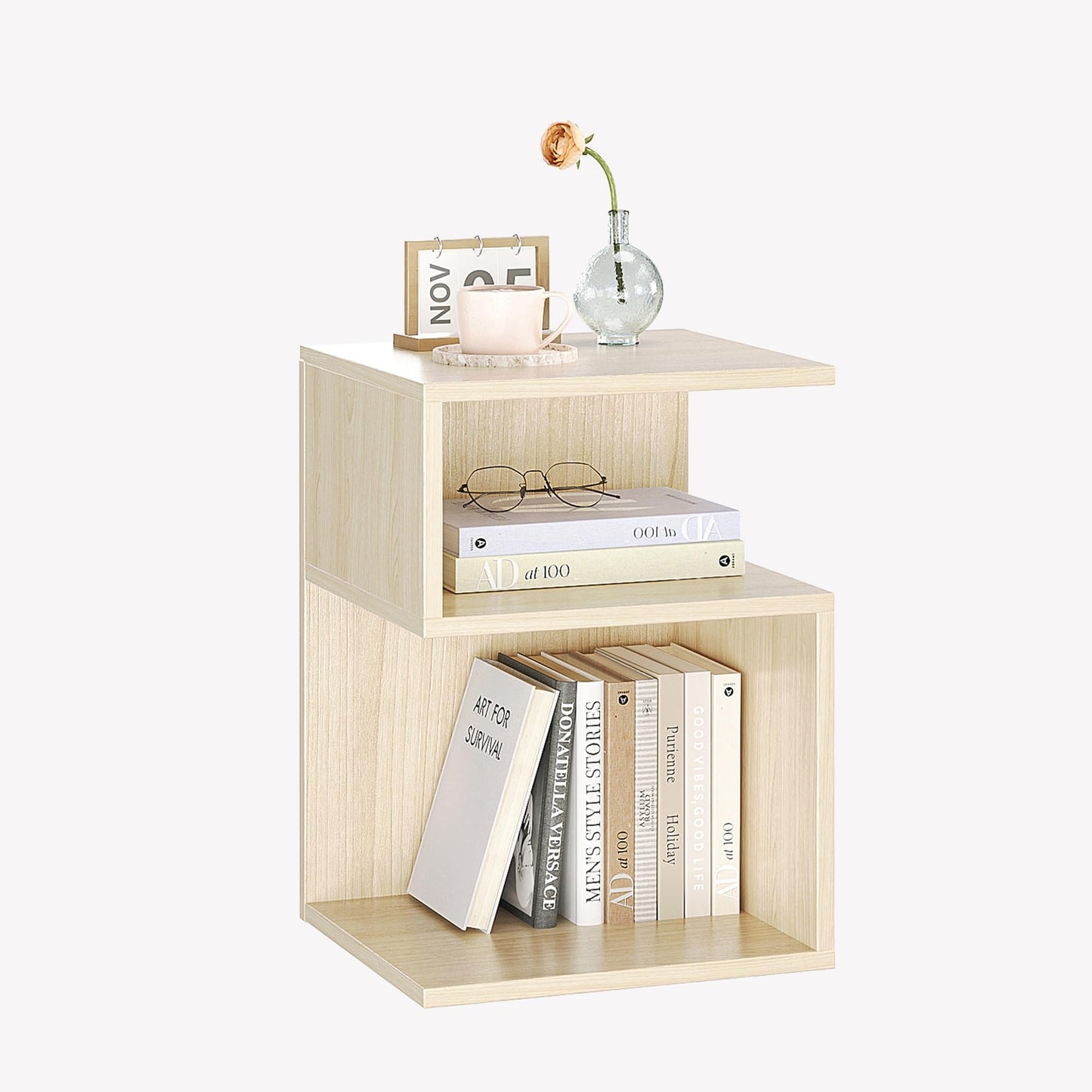 ODIKA Tokyo S Minimalist 3 Tier End Table - Minimalist 3-Tier Wood Nightstand for Small Spaces with Open Storage - Japanese-Inspired Bedside Table for Bedroom (Natural)
