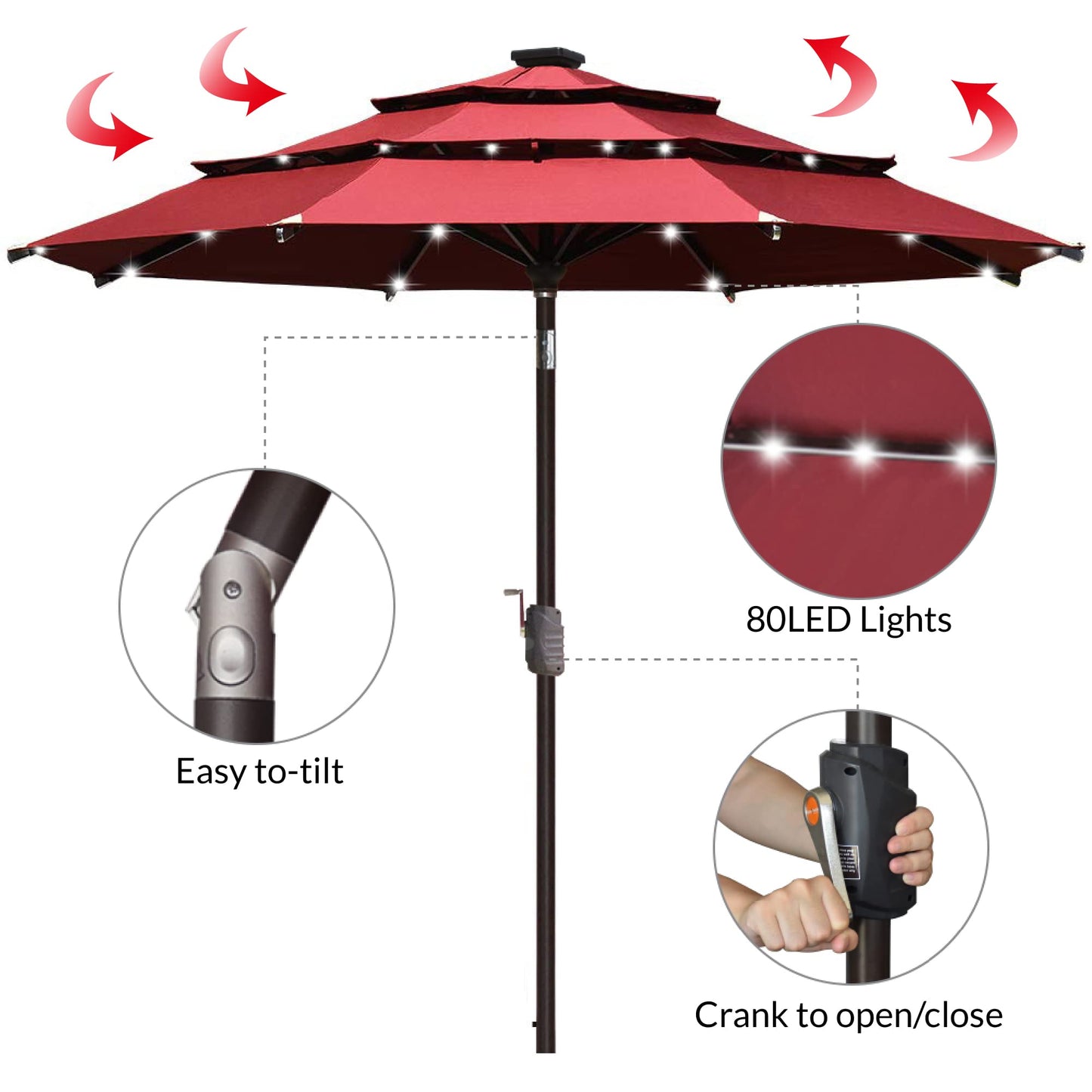 EliteShade USA 10-Year-Non-Fading Solar 9ft 3 Tiers Market Umbrella with 80 LED Lights Patio Umbrellas Outdoor Table with Ventilation,Burgundy