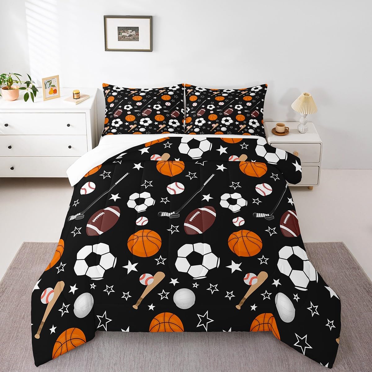 Feelyou Sports Theme Bedding Set Twin Size Basketball Football Baseball Hockey Comforter Set for Kids Boys Girls Teens Toddler Ball Games Duvet Set Black Quilt Set 2Pcs
