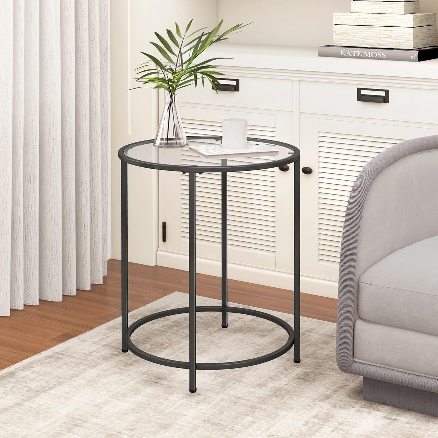 Livofloral 19.7’’ Round Glass End Table, Round Bedside Table with Tempered Glass Top, Black Glass Side Table with Metal Frame, Modern Round End Table for Living Room Balcony Bedroom Porch Patio