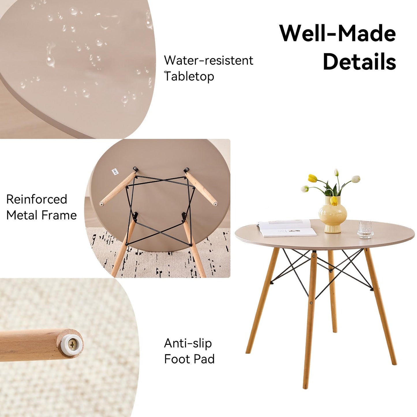 Lecafur HL 5-Piece Round Dining Table Set, Small 35.5" Kitchen Table Chairs Set of 4 Space Saving Furniture, Plastic Seats, Solid Wood Legs, for Living Room Apartment Office Home, Sand