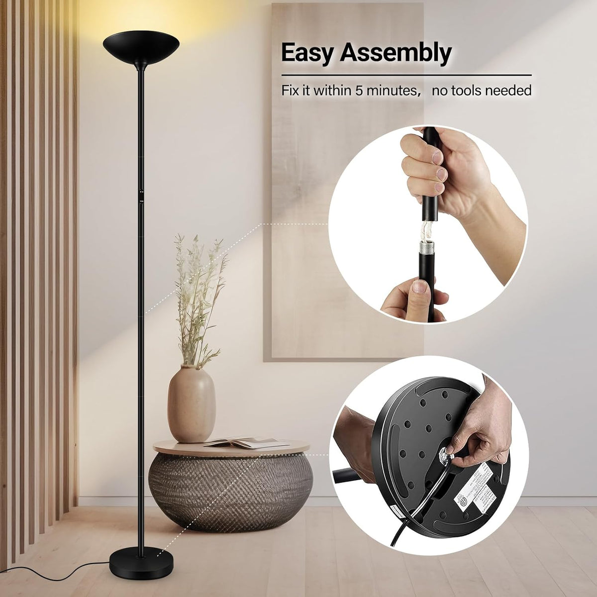 Dimmable Floor Lamp, Black, 30W 3000LM LED Torchiere Standing Lamp