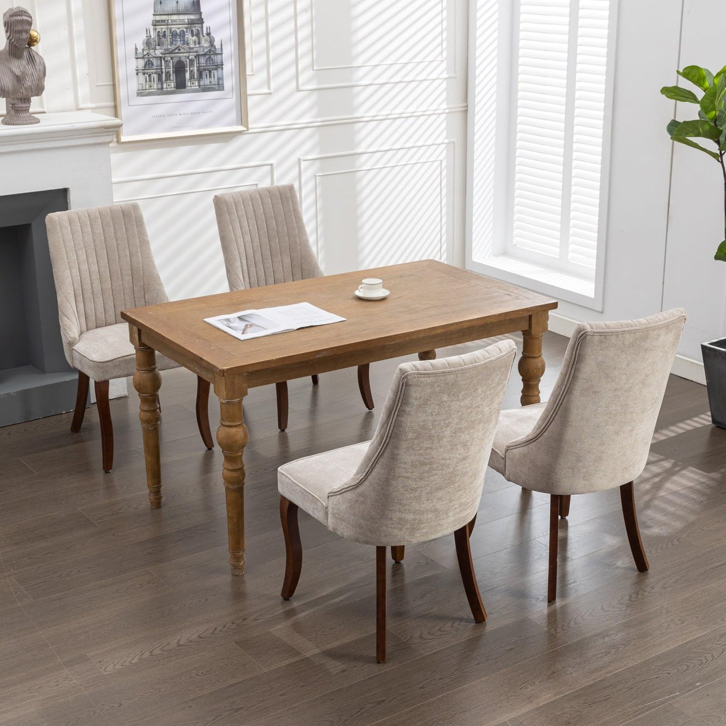 LKTART Upholstered Dining Chairs Set of 6, Solid Wood Kitchen Dining Room Chairs with Thicken Padded and Nailhead Trim for Home Kitchen Bedroom Beige