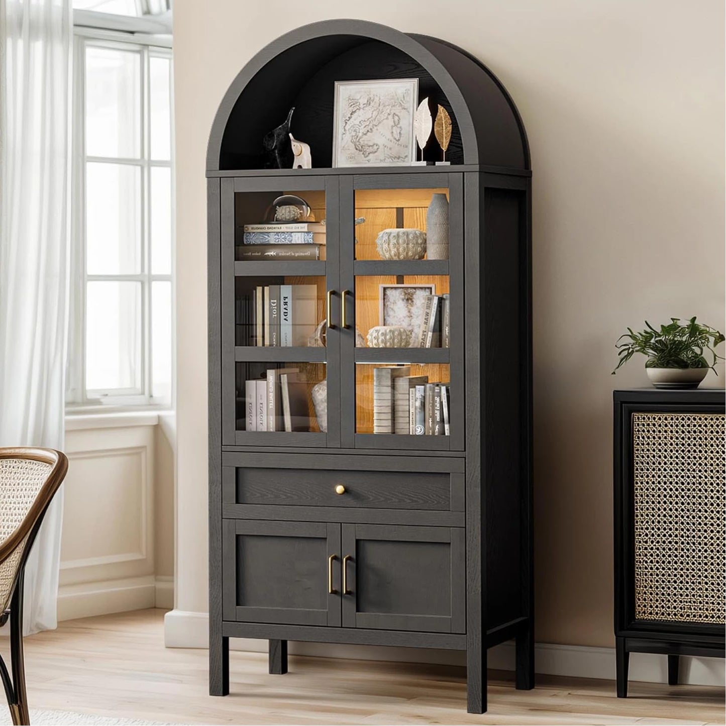 OTDMEL 71" Display Arched Storage Cabinet with Glass Doors & Auto Sensor LED Lights, Tall Modern Black Storage Cabinets with Drawers and Adjustable Shelves for Dining Room/Bathroom/Kitchen/Office