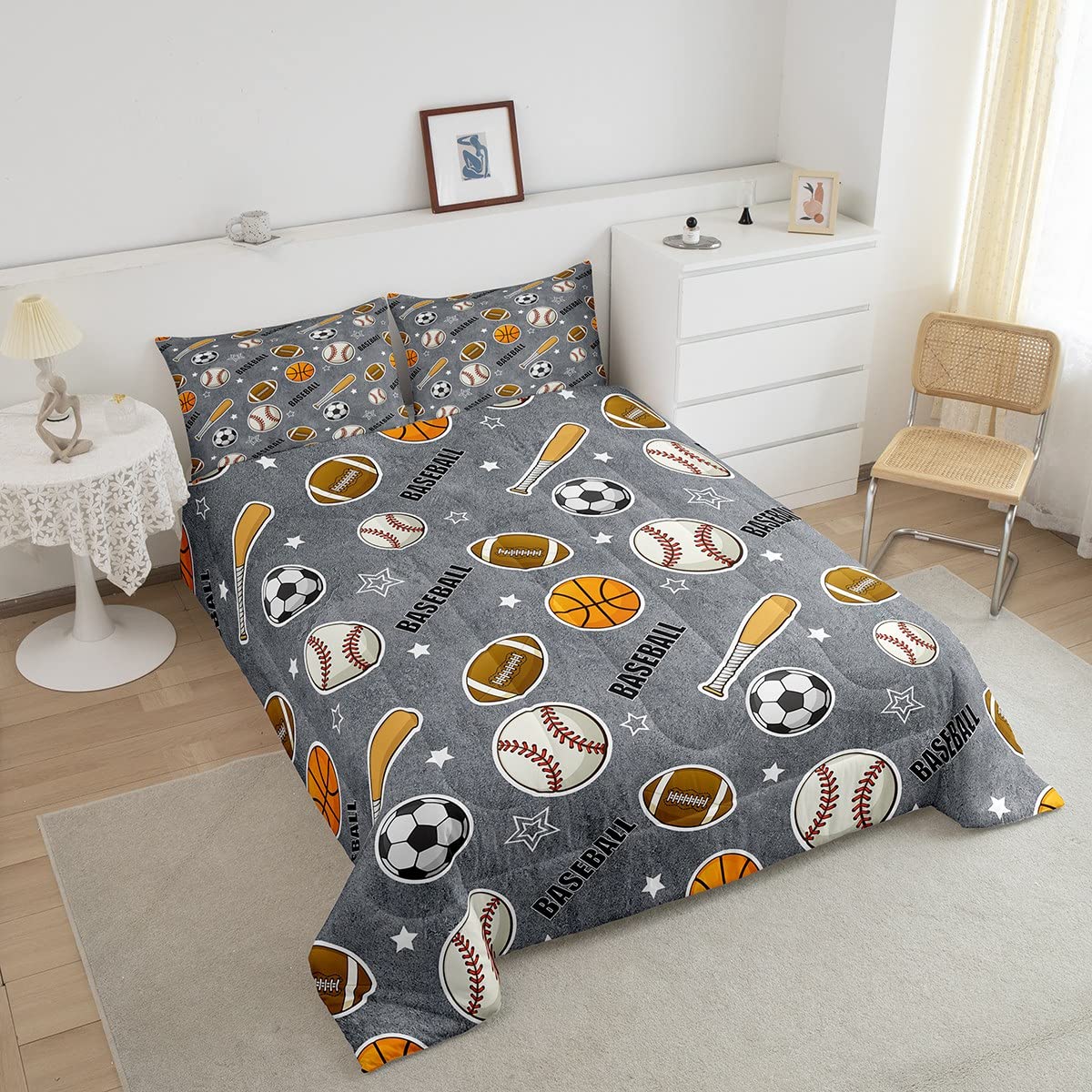 Boys Ball Sports Themed Bedding Set Twin Size Baseball Bat Soccer and American Football Comforter Set 2pcs Kids Teens Cartoon Grey Quilted Duvet Ball Sports Games Bedspread Modern Bedroom Decor