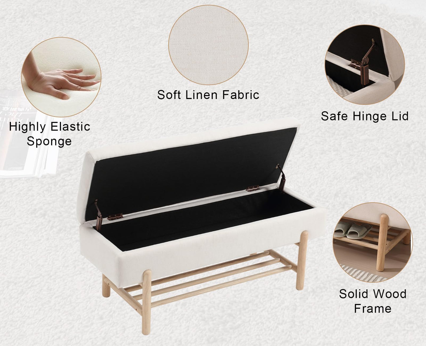 Shunzhi Modern Entryway Bench Upholstered Flip-Top Shoe Storage Bench Linen Fabric Ottoman Bench End of Bed Bench with Wood Frame/Shelf for Living Room/Bedroom/Hallway,45.25 Inches, Beige