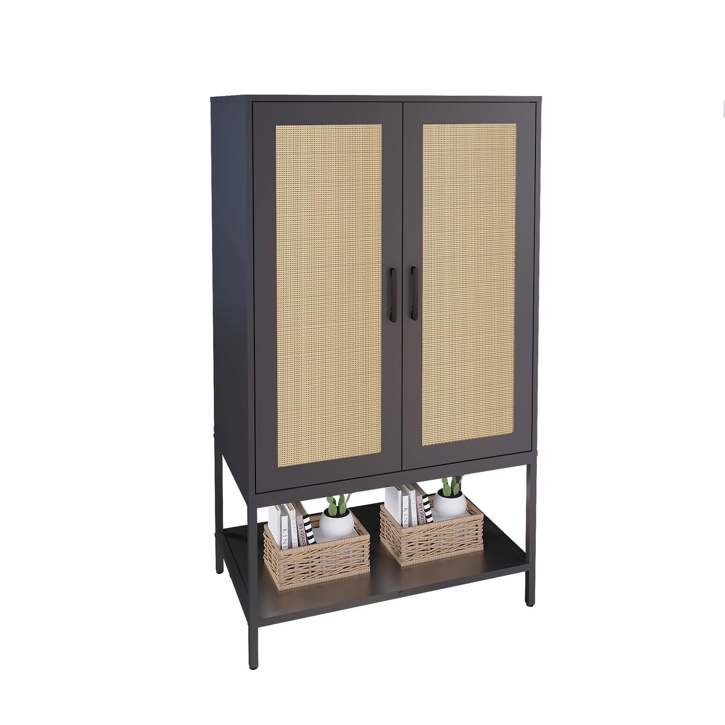 Gyger Wardrobe Closet with 2 Doors，Rattan Bedroom Armoires with Hanging Rod Freestanding Wooden Wardrobe Cabinet with Shelves,Black