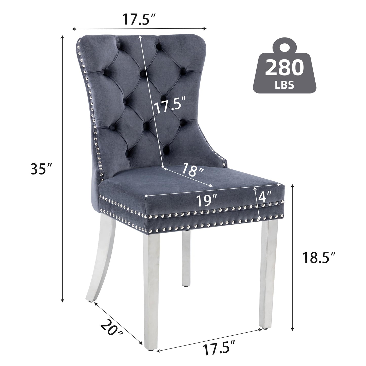 GOOLON Dining Room Chairs Set of 2, Tufted Velvet Chairs with Modern Stainless Steel Legs, Rivet Trim Metal Pull Ring Large Back for Kitchen Dining Room Restaurant, Dark Gray