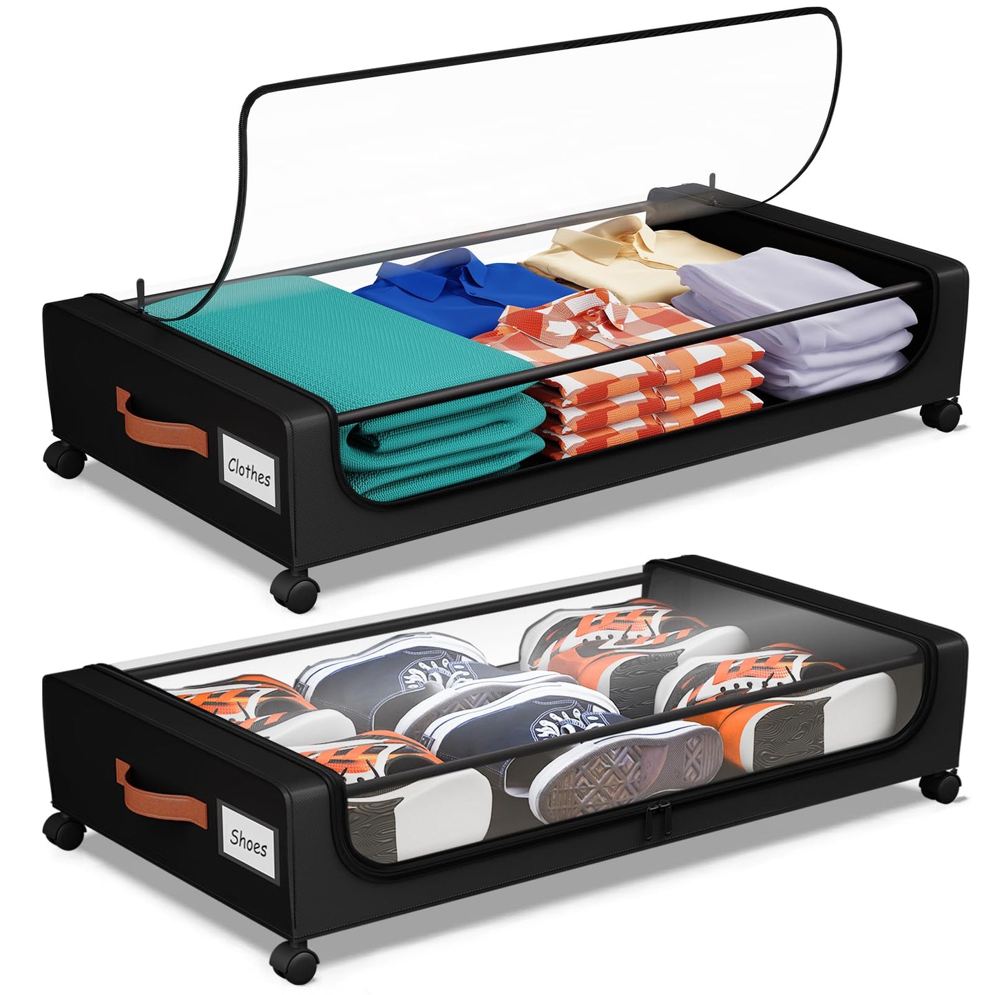 Futego Under Bed Storage with Wheels, UnderBed Storage Containers with Clear Lid and Handles, Under the Bed Storage Bins Drawers for Clothes,Blankets,Shoes,Books (BLACK, 2 PACK)