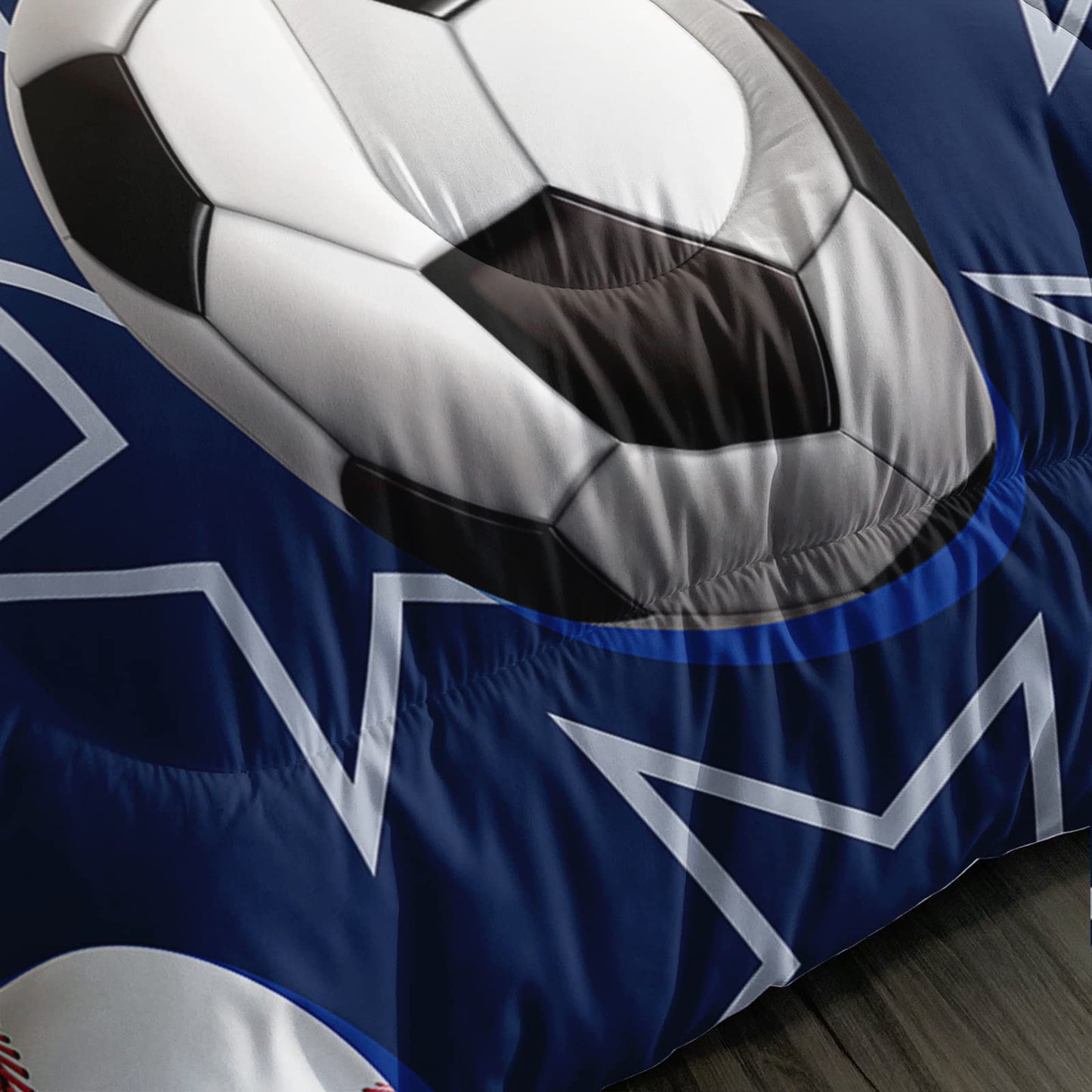 BailiPromise Boys Sports Comforter Set Queen Football Baseball Basketball Soccer Tennis Bedding Set for Teens Kids Blue Star Comforter 3 Piece Bedroom Decor 2 Pillowcases Lightweight Microfiber