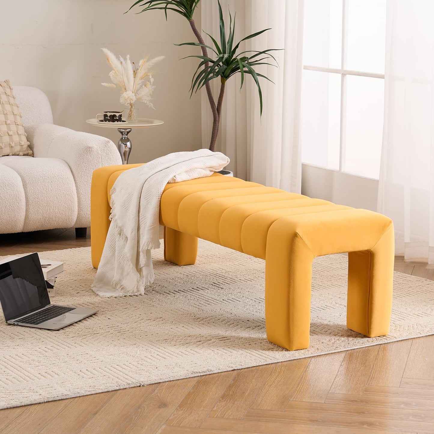AIITTCC Velvet End of Bed Bench Upholstered Modern 59" Bedroom Bench for King Bed Bench Tufted Window Bench Comfy Long Ottoman for Living Room/Entry/Indoor (Mustard Yellow, 59" Wide)