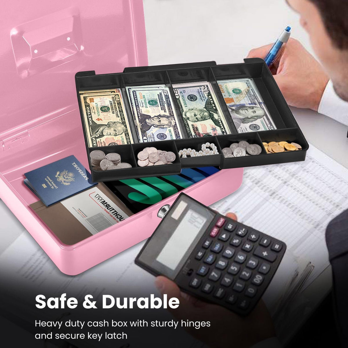 Flexzion Cash Box with Money Tray and Lock - Metal Cash Box for Small Businesses, 9-Compartment Pink Money Box with Removable Tray and Key, Portable Storage for Checks and Coins