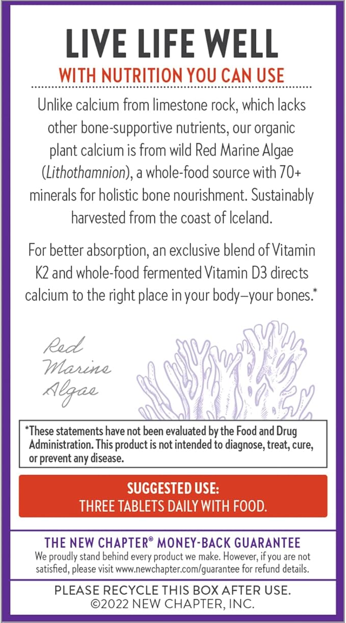New Chapter Calcium Supplement - Bone Strength Organic Calcium with Magnesium, Vitamin D3+K2, 70+ Trace Minerals for Bone Health, Gluten Free, Easy to Swallow Slim Tablets - 180 Count