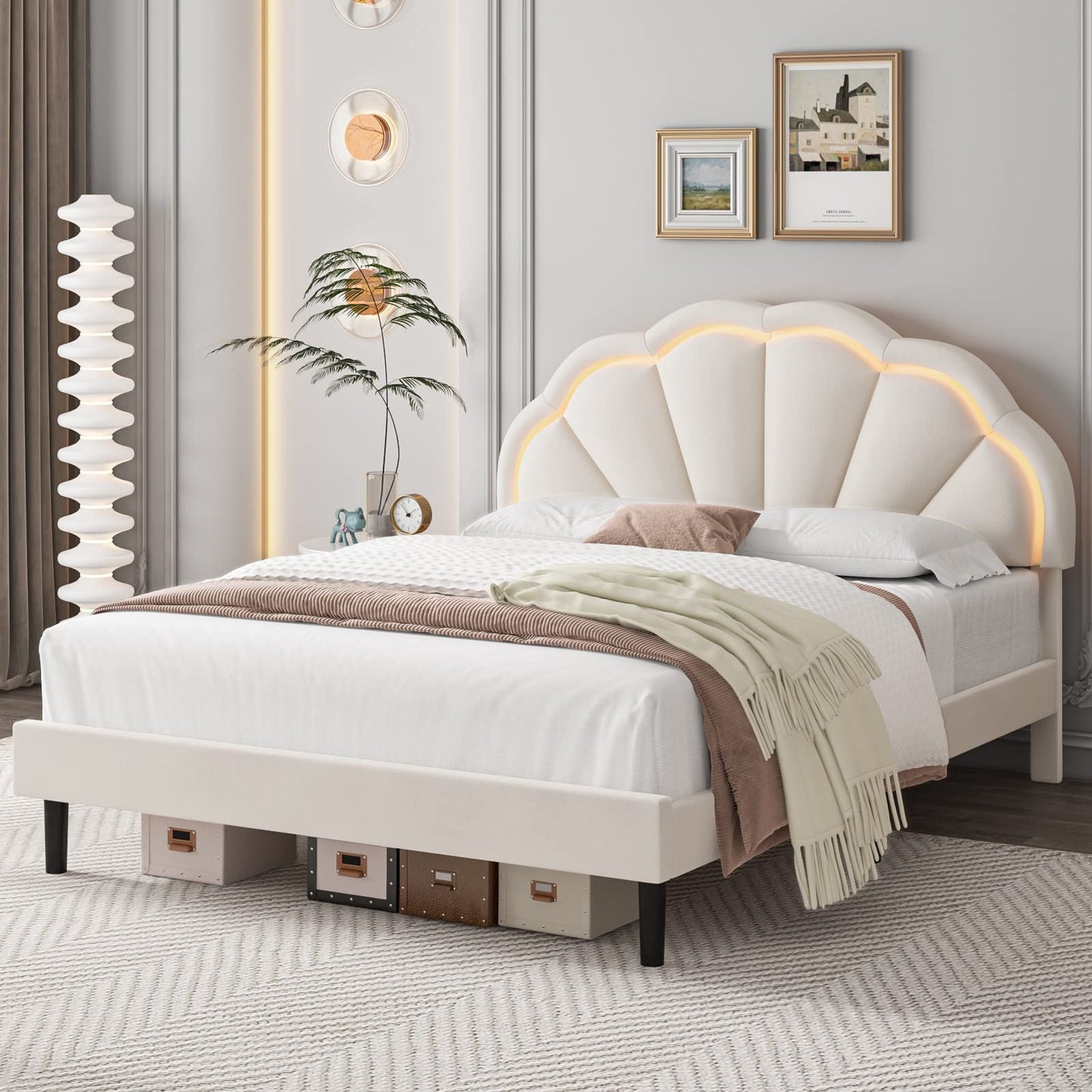 HIFIT Full Upholstered Smart LED Bed Frame with Adjustable Chic Petal Headboard, Princess Full Size Platform Bed Frames for Kids/Girls, Wooden Slats Support, No Box Spring Needed, Easy Assembly, Beige