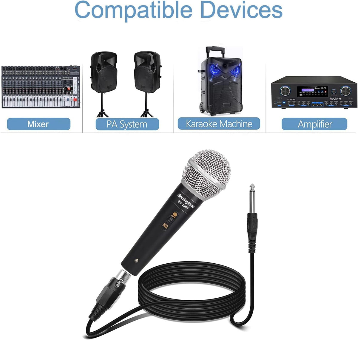 Dynamic Vocal Microphone - Metal Casing, Microphone for Singing, Speaking, Wired, 25ft XLR Cabel, Cardioid, with ON/Off Switch, Black/Silver
