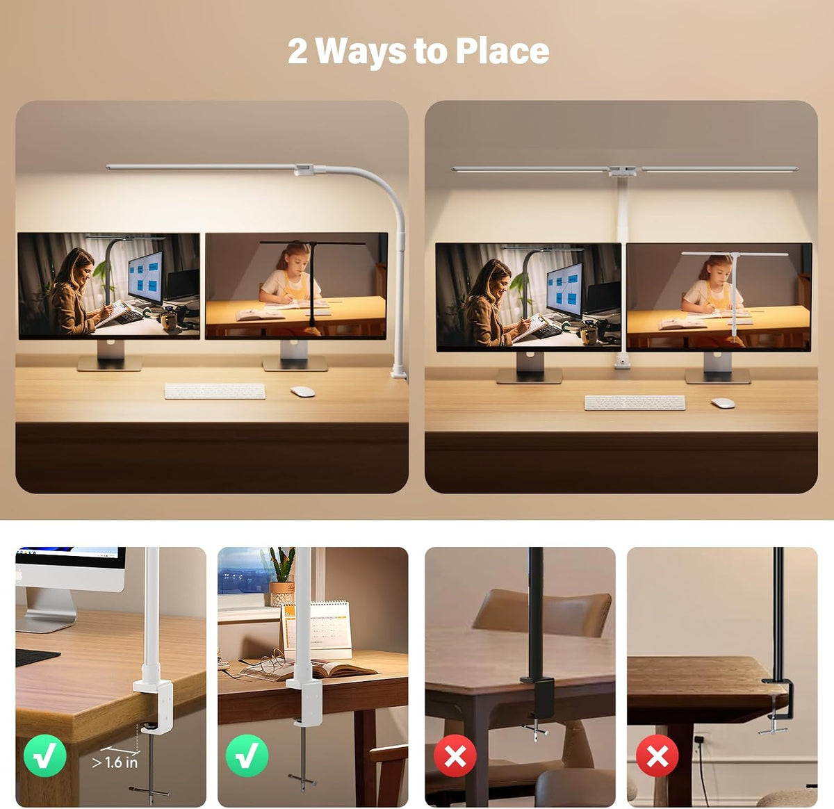 SIBRILLE LED Desk Lamp for Home Office - Dimmable Computer Desk Light with Clamp, Modern Architect Task Lamp with Color Changing, Flexible Desktop Lamp with Gooseneck for Monitor, Double Head, White