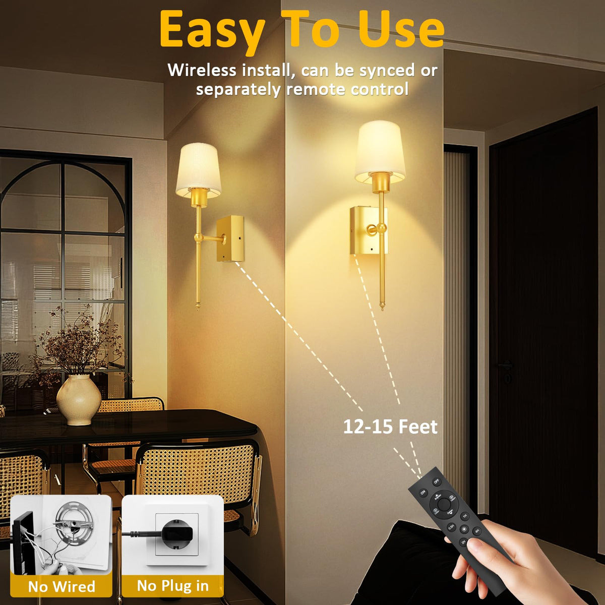YINDUZ Battery Operated Wall Sconces Set of 2 - Gold Rechargeable Wall Lights with Remote Control, 4CCT and 5 Brightness Battery Powered Wall Sconces for Bedroom and Living Room
