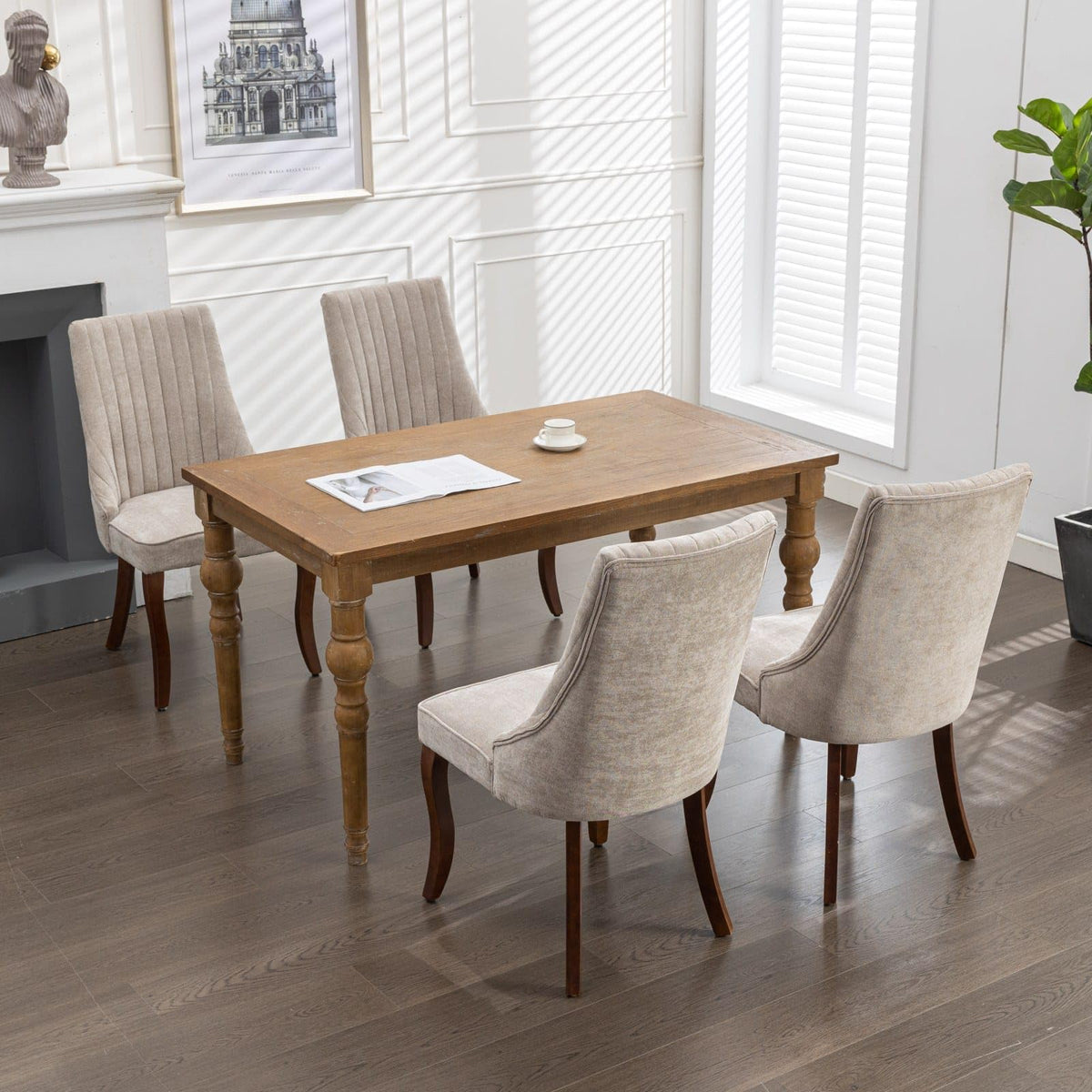 BEIDOR Dining Chairs Set of 6,Comfy Fabric Upholstered Accent Chairs for Kitchen Living Room,Channel Tufted Dining Room Chairs with Curved Solid Wood Legs(Beige)