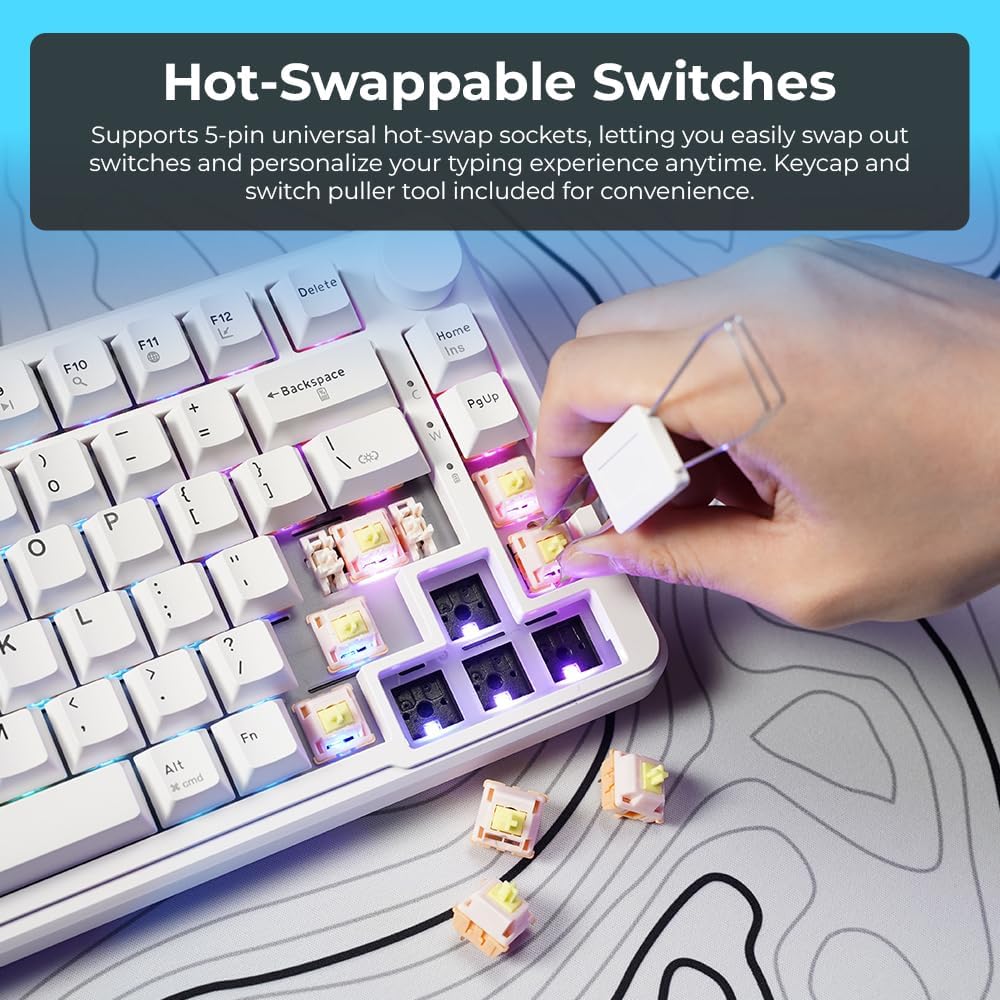 TECWARE Ghost 75% Wireless Mechanical Keyboard | RGB Gaming Keyboard with Volume Knob | Tri-Mode 2.4GHz/Bluetooth/USB-C | Gasket Mounted | Hot Swappable Pre-Lubed Linear Switches | 4000mAh | White