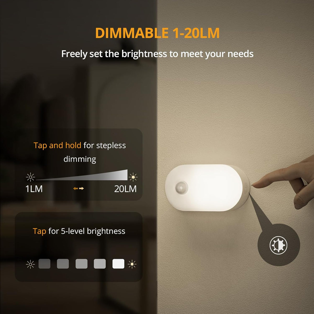 Lyridz Rechargeable Motion Sensor Night Light, Cool White LED Stick-on Closet Light with Dusk to Dawn Sensor, 1-20LM Stepless Adjustable Brightness for Bedroom, Wall, Kitchen, Stairs, Hallway, 2-Pack