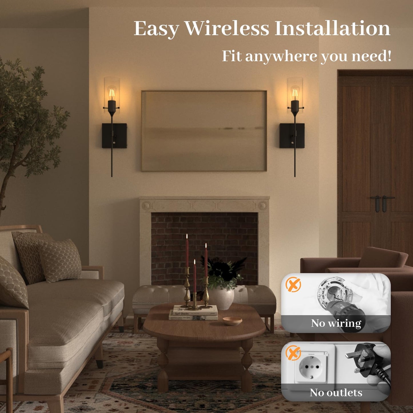 ThyFenno Battery Operated Wall Sconce with Remote Control, Dimmable Wall Lamp Set of 2 Rechargeable, Black Wireless Wall Mount Light for Living Room Bedroom Hallway Farmhouse, Bulb Included