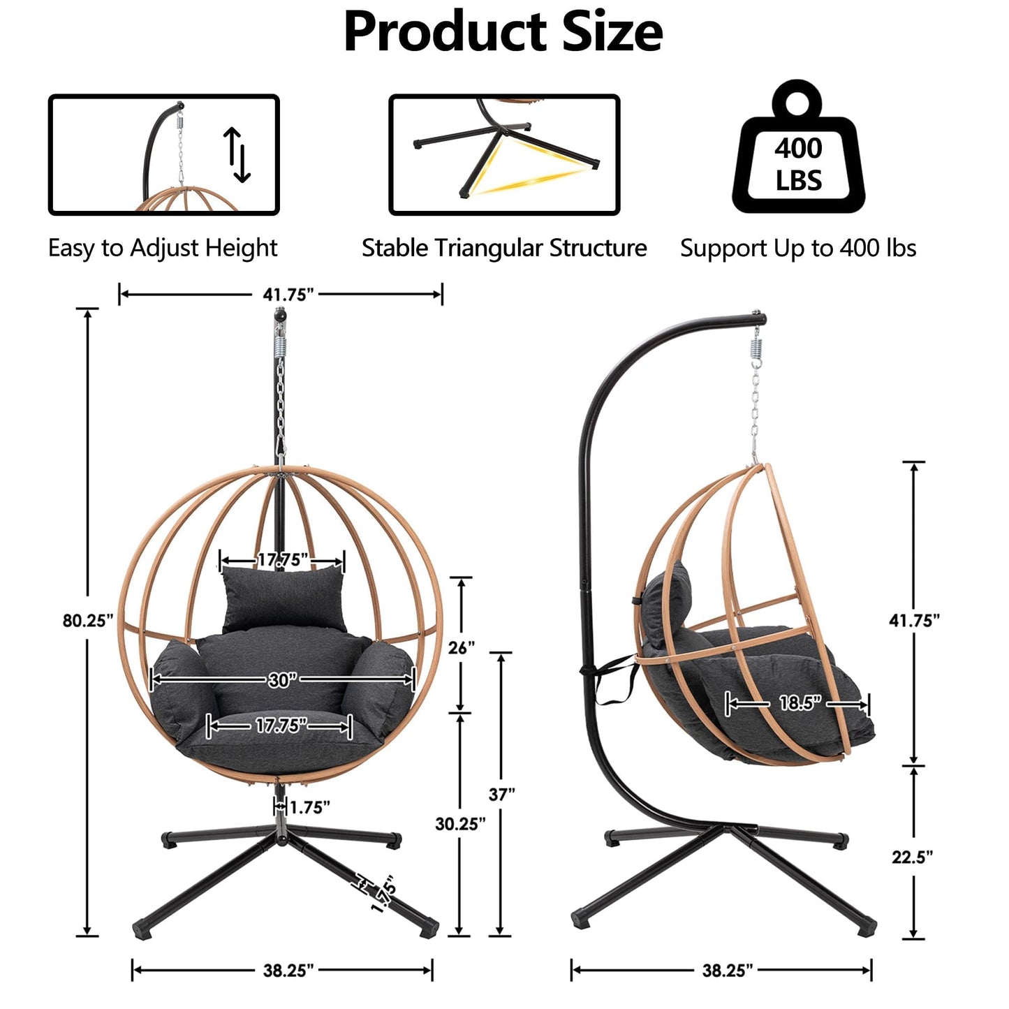 DAYARUS Egg Swing Chair with Stand, Metal Hanging Egg Chair with Cushions, Heavy Duty 400LBS Imitation Wicker Egg Chairs Outdoor, 80" H Hanging Chairs Cozy Basket Seat for Bedroom/Balcony, Charcoal