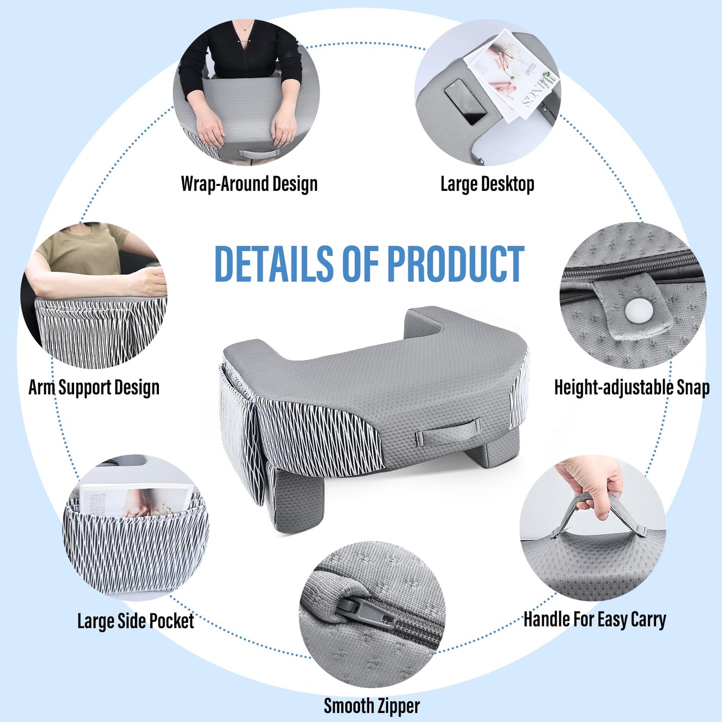 LEBENGURU Reading Pillow for Laptop, Extra Large Armrest Gaming Pillow for Working, Hight Adjustable Lap Desk Pillow for Adult Sitting in Bed, Floor, Sofa（Stripe and Grey）
