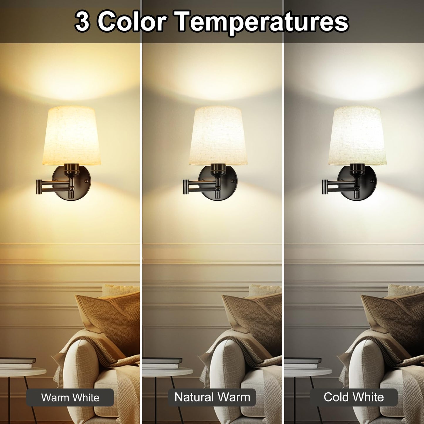 Frideko Swing Arm Rechargeable Wall Sconces Set of Two with Remote, 3 Colors Dimmable Battery Operated Wall Light, 5200mAh Wireless Wall Lamp with 4 Timer, Fabric Indoor Wall Lighting for Bedroom