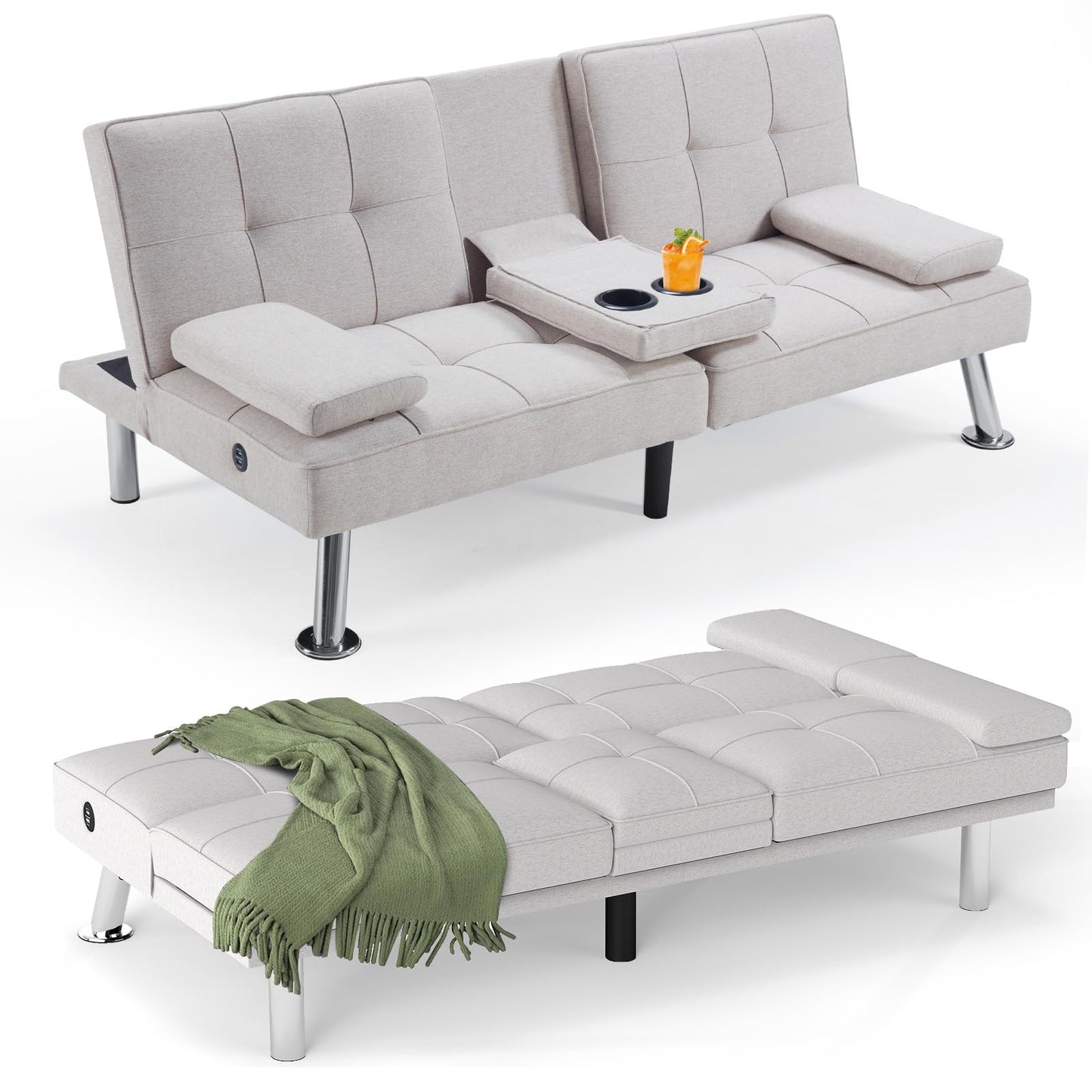 HAOMARKETS Convertible Futon Sofa Bed with USB Charging Port, Modern Linen Loveseat with Removable Armrests and 2 Cup Holders, Adjustable Folding Sleeper Couch for Small Spaces, Living Room, White