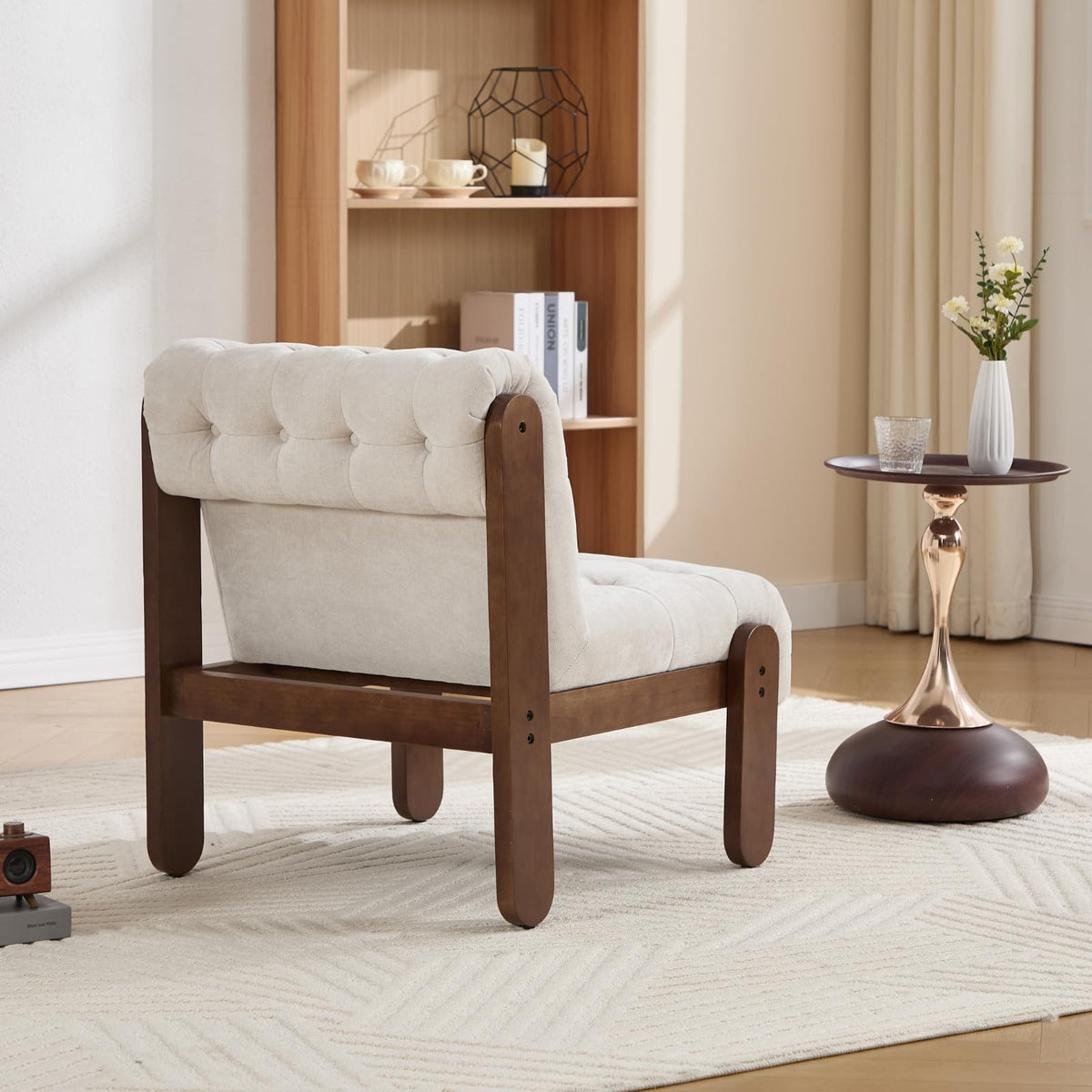 HEAH-YO Living Room Accent Chair Set of 1,Modern Armless Chair for Bedroom with Button Tufted Back and Wood Legs,Upholstered Comfy Reading Chair for Makeup Vanity Office Cafe,Chenille Beige