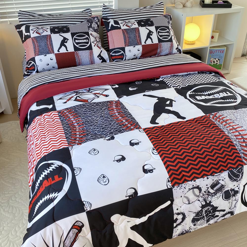 Gusuhome 7 Piece Baseball Comforter Set Bed in A Bag Twin Size 3D Softball Sports Bedding Set for Boys Kids Microfiber Comforter All Season (1 Comforter, 1 Flat Sheet, 1 Fitted Sheet, 4 Pillowcase)