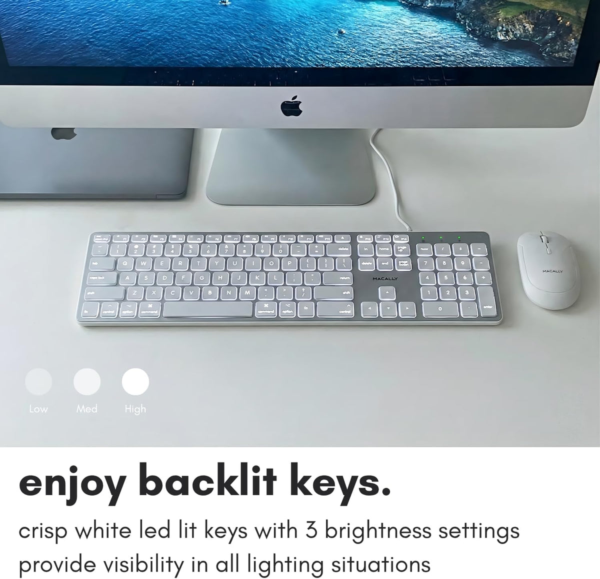Macally Backlit Wired Keyboard for Mac | Compatible Apple Keyboard with Numeric Keypad | Comfortable All Day Typing, Compatible on MacBook Pro/Air, iMac, Mac mini/Pro - Silver