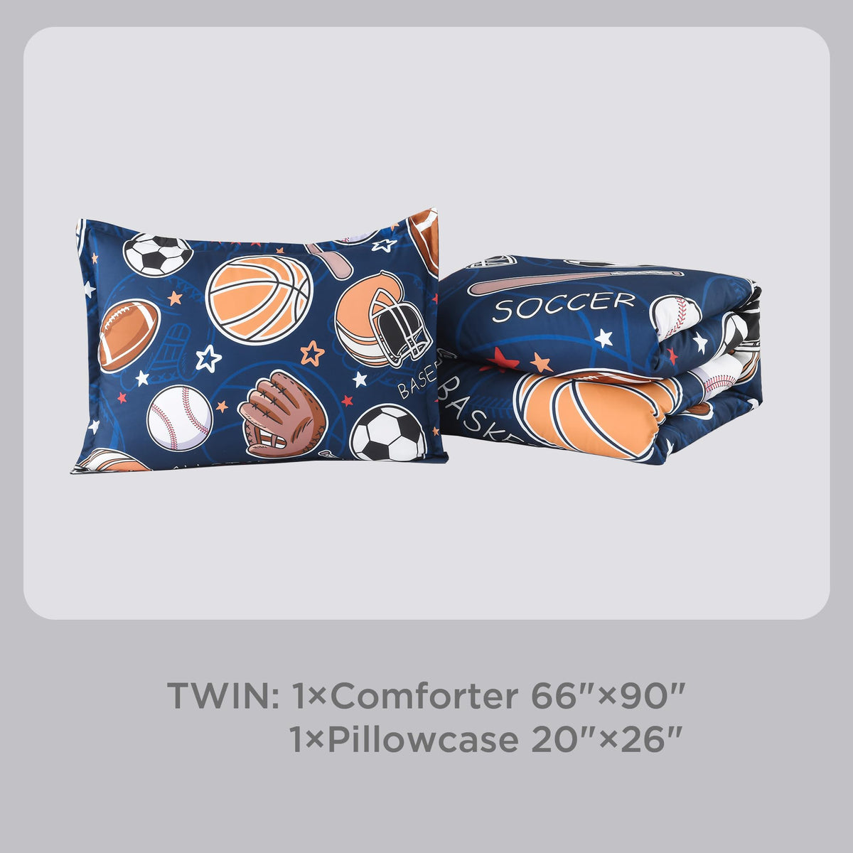 Andency Cartoon Ball Games Comforter Twin(66x90 Inch), 2 Pieces(1 Comforter, 1 Pillowcase) Soccer Basketball Baseball Football Comforter Set Sport Microfiber Bedding Set for Boys Girls Kids Teens