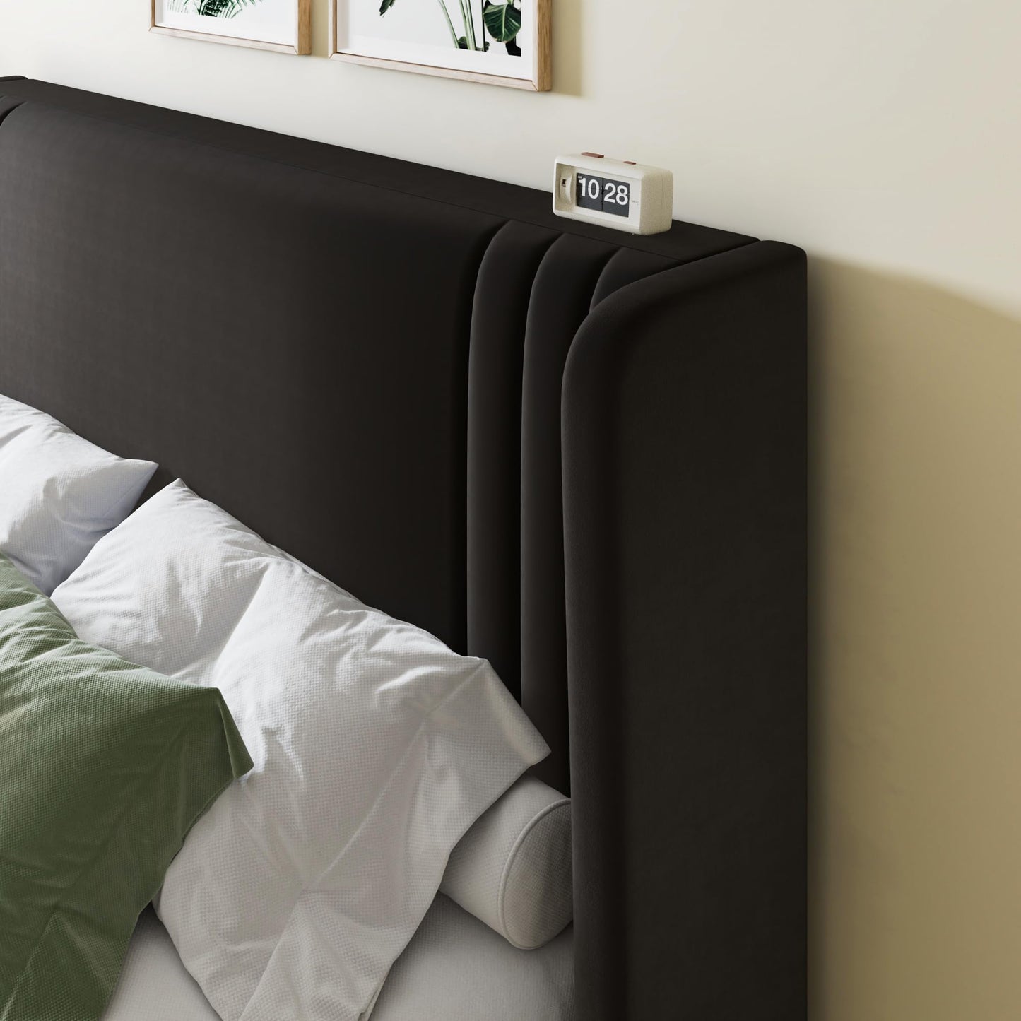 Allewie King Size Velvet Platform Bed Frame with Vertical Tufted Wingback Headboard, Easy Assembly, Under Bed Storage, No Box Spring Required, Modern Style, Black