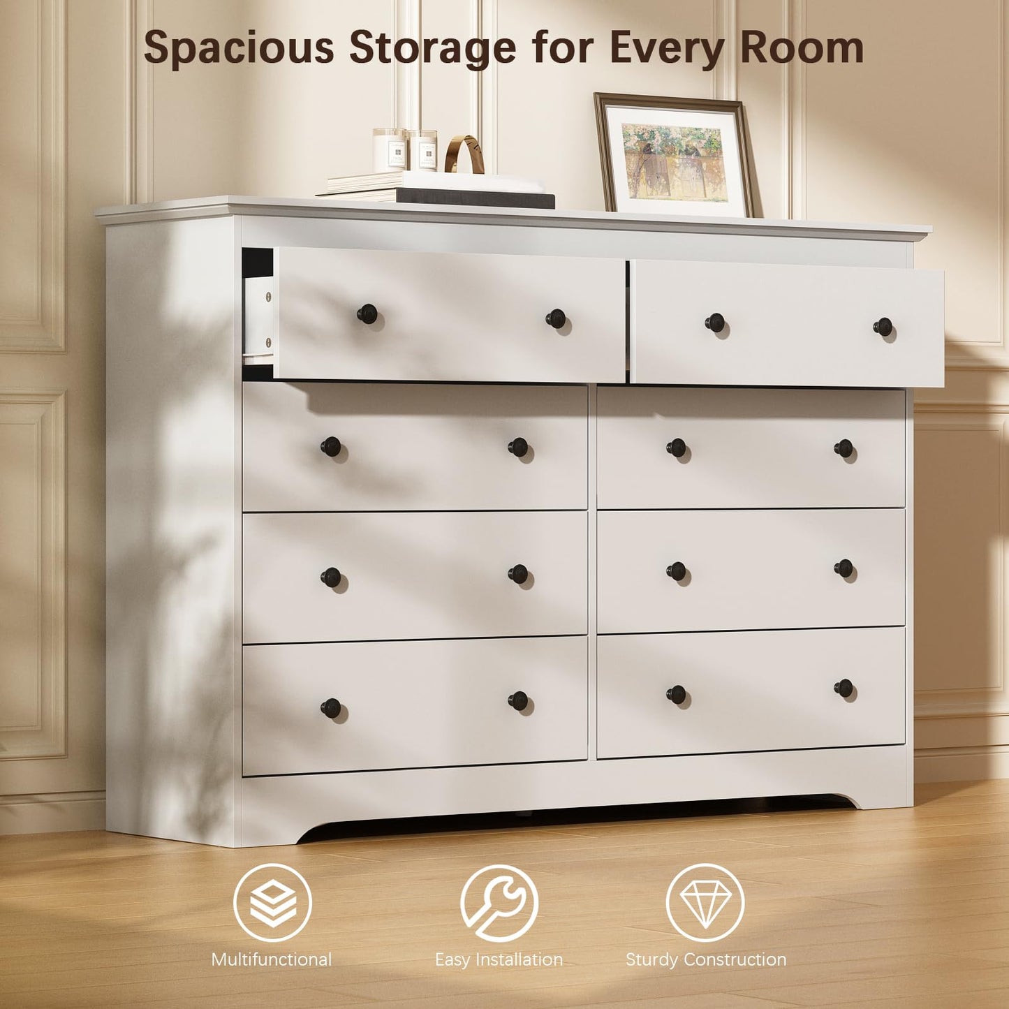 LYNSOM Modern 8 Drawer Dresser, 55.1" Wide Dressers & Chests of Drawers with Large Capacity Storage, Mid Century White Dresser for Bedroom, Hallway, White