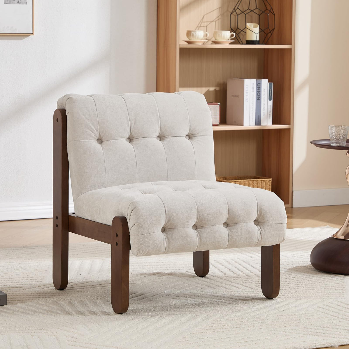 HEAH-YO Living Room Accent Chair Set of 1,Modern Armless Chair for Bedroom with Button Tufted Back and Wood Legs,Upholstered Comfy Reading Chair for Makeup Vanity Office Cafe,Chenille Beige