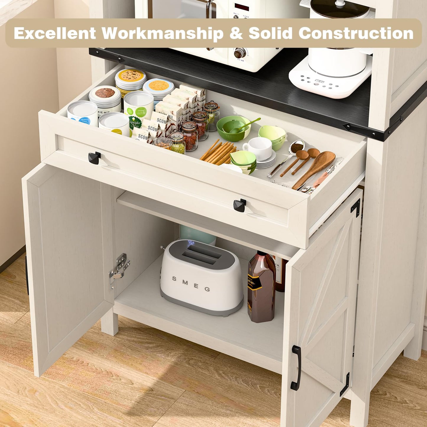 Befrases 72" H Tall Farmhouse Storage Cabinet with Drawer, 6 Tier Kitchen Pantry Organize with 4 Barn Door and Adjustable Shelf, Microwave Stand for Kitchen, Garage, Living, Utility Room, Black