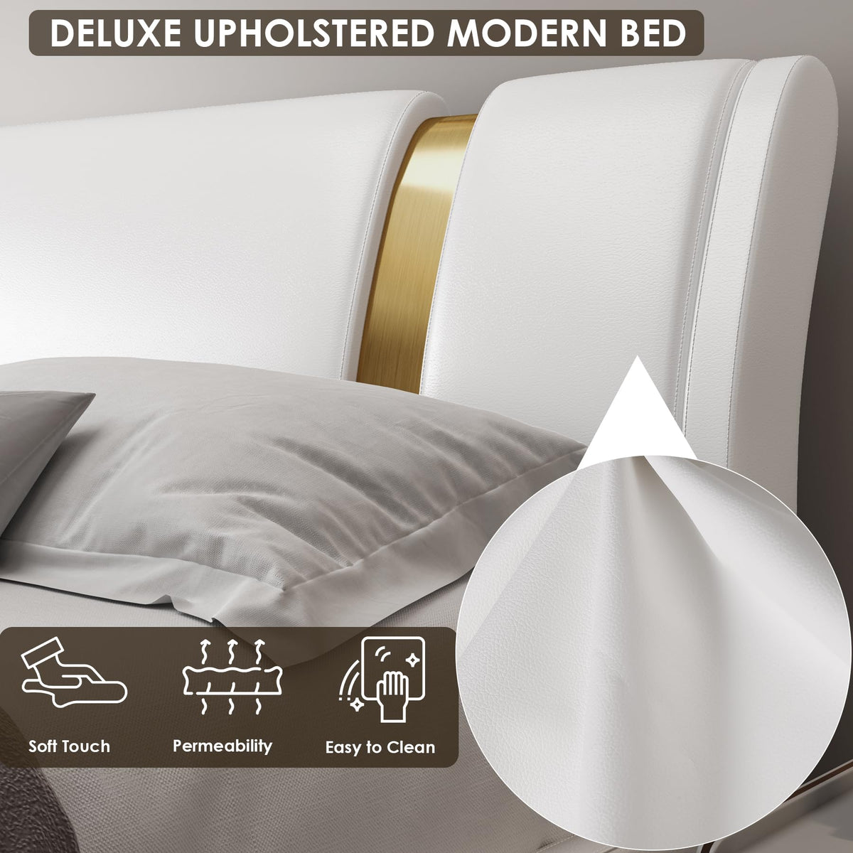 TTVIEW Modern Faux Leather Upholstered Platform Bed Frame with Golden Iron Metal Decor, Adjustable Curved Headboard, Wooden Slats Support, No Box Spring Needed, Queen Size, White