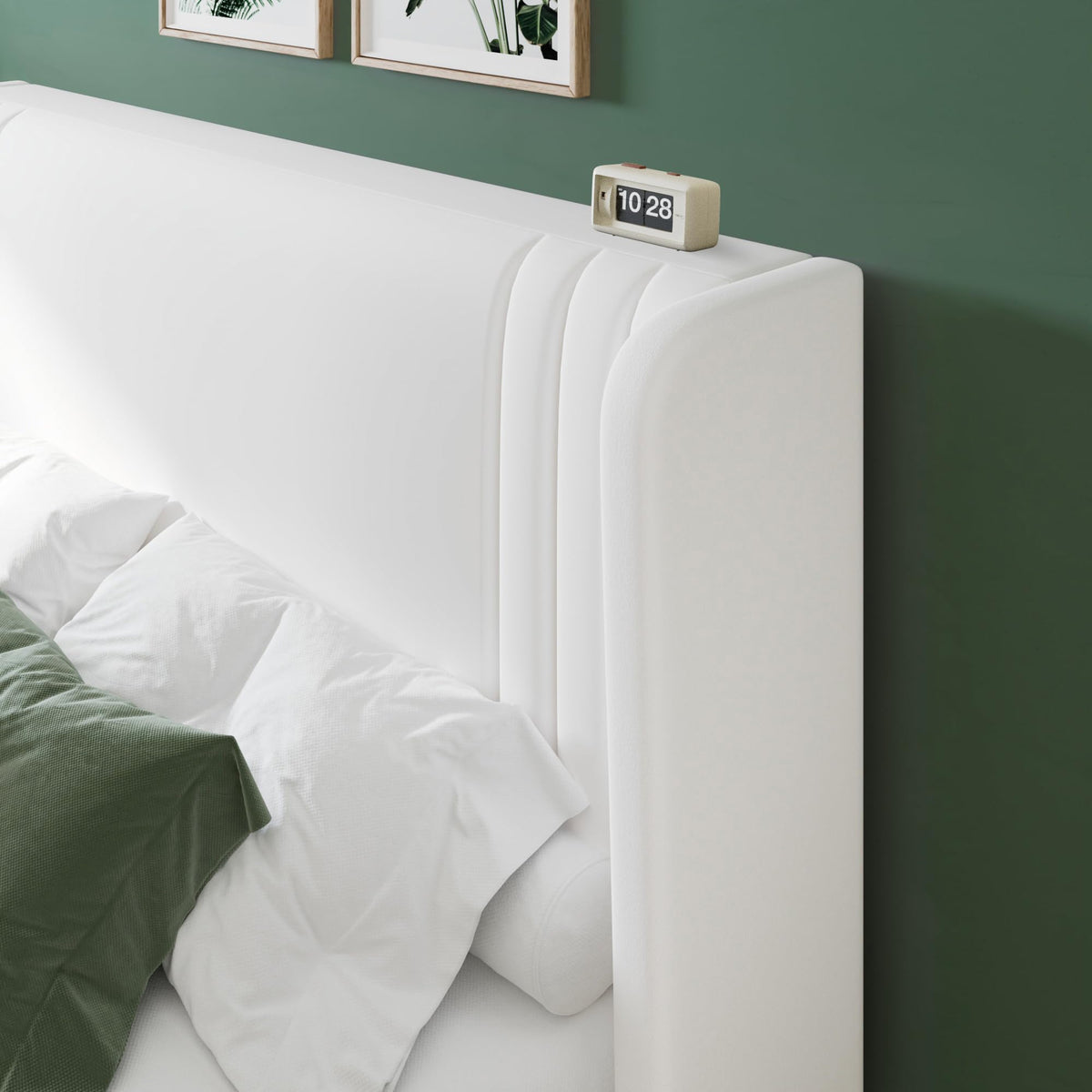 Allewie King Size Velvet Platform Bed Frame with Vertical Tufted Wingback Headboard, Easy Assembly, Under Bed Storage, No Box Spring Required, Modern Style, White