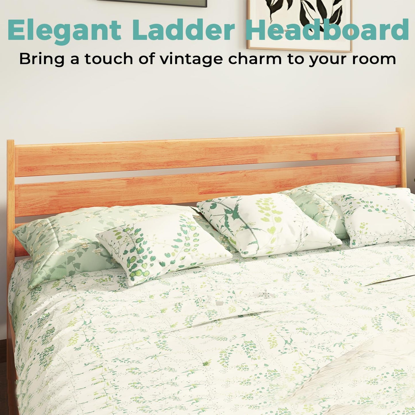 MORDEER Solid Wood King Size Bed Frame with Ladder Headboard, Malaysian Oak Platform Bed Frame, Modern Bedframe with Wooden Slats, No Box Spring Needed, Easy Assembly, King Size, Rustic Pine