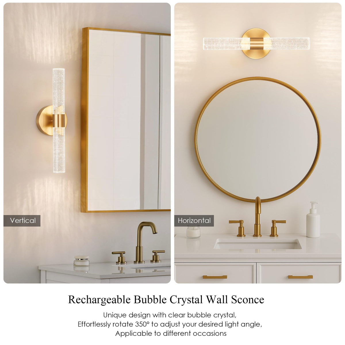 Gold Battery Operated Wall Sconce Set of 2, 3000-6000K LED Dimmable Wireless Sconces Wall Lighting with Remote, 15.7" Crystal Rechargeable Cordless Wall Lights for Bedroom, Living Room, Hallway
