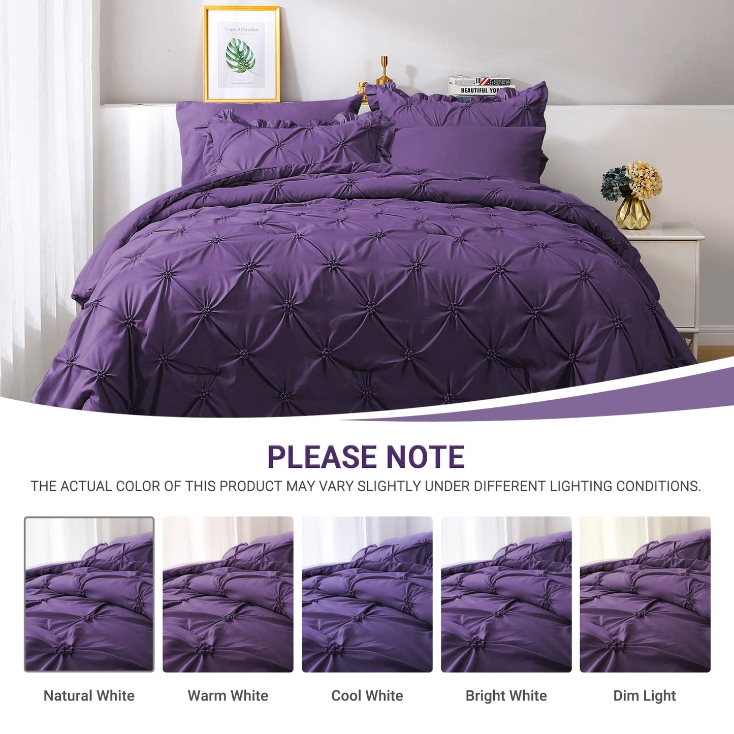 JOLLYVOGUE Purple Twin Size Comforter Sets 5 Pieces, Pintuck Bed in a Bag Comforter Set for Bedroom, Bedding Comforter Sets with Comforter, Sheets,Ruffled Shams & Pillowcases