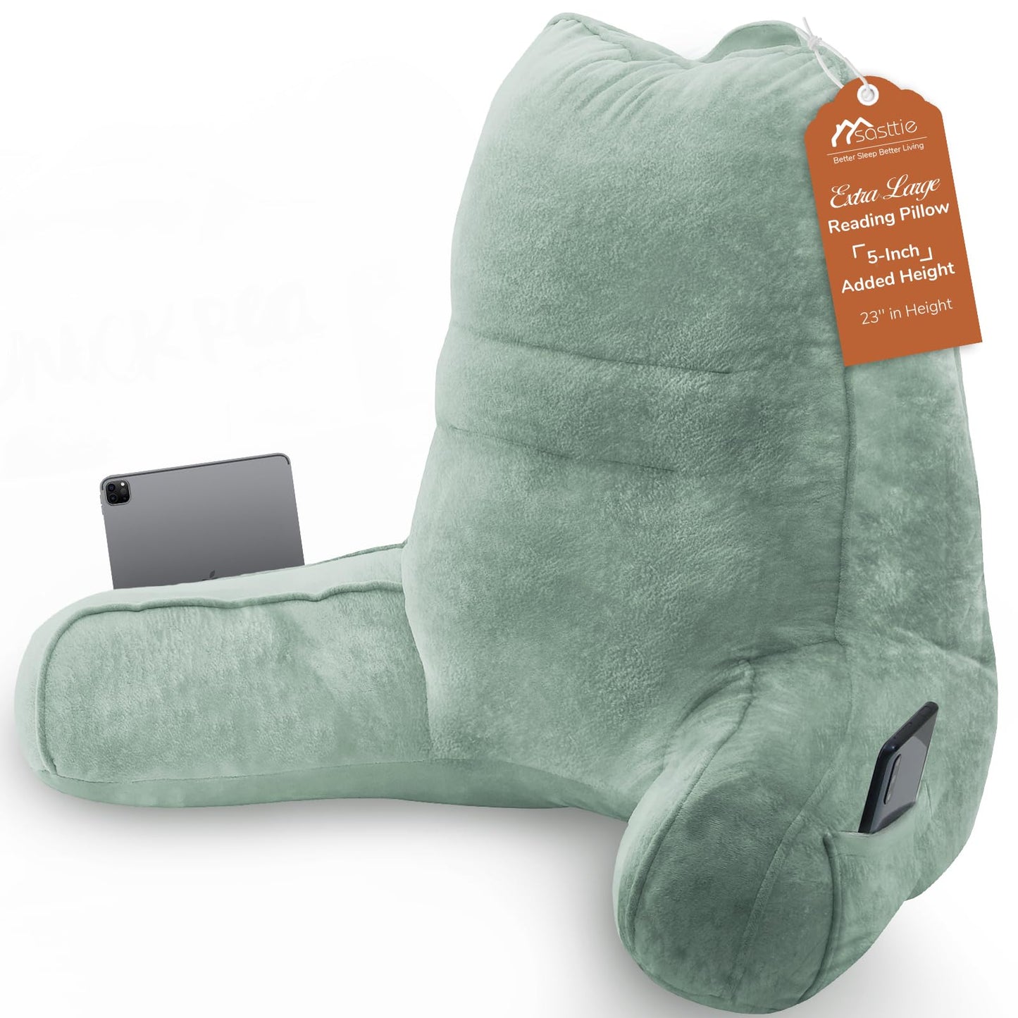 Sasttie Reading Pillow for Bed - 23 Inch, Back Pillow for Bed Sitting Up, Back-Rest Support Cushion with Side Pockets and Arms, Dorm Essentials, Oeko-Tex Certified, Sage