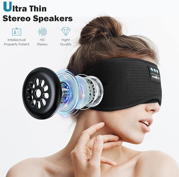MUSICOZY Sleep Headphones, Bluetooth Sleeping Mask Headband Headphones Eye Mask, Wireless Music Earbuds Earphones with HD Ultra-Thin Stereo Speakers for Side Sleepers Men Women