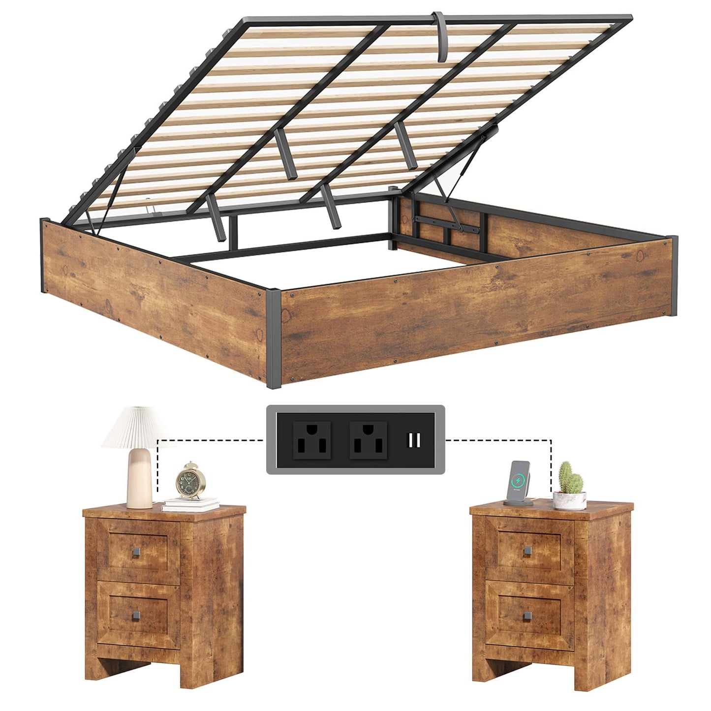 LUXOAK 3 Pieces Bedroom Sets, Includes King Size Lift Up Storage Platform Bed Frame, 2 Drawers Farmhouse Nightstand Set of 2 with Charging Station, No Box Spring Needed, Rustic Brown