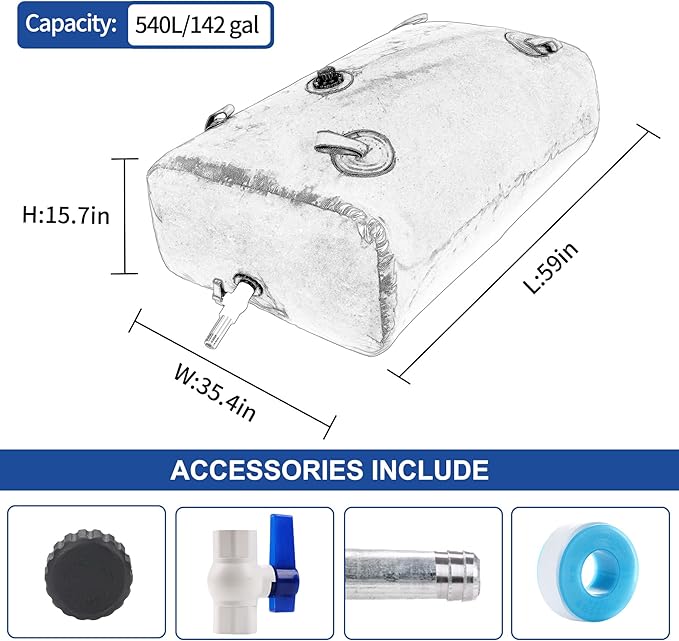 540 L/142 Gal Water Bladder Tank, Foldable Portable Water Storage Container, Emergency Water Bag for RV, Truck Bed, Fire Prevention, Drought Resistance, Blue